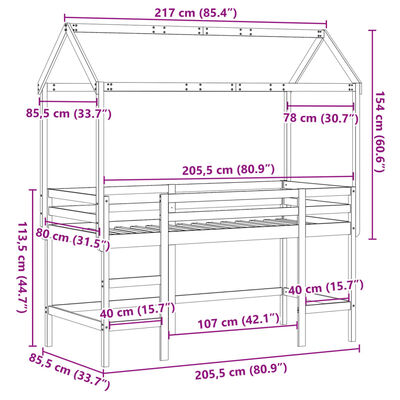 vidaXL Køyeseng med stige og tak hvit 80x200 cm heltre furu