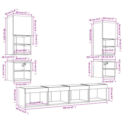 vidaXL Vegghengte TV-enheter med LED 8 deler røkt eik konstruert tre