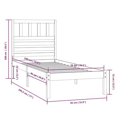 vidaXL Sengeramme uten madrass hvit 75x190 cm heltre furu