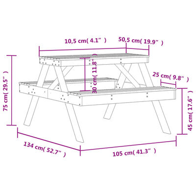 vidaXL Piknikbord 105x134x75 cm heltre douglasgran