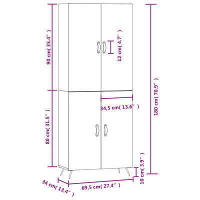 vidaXL Highboard høyglans hvit 69,5x34x180 cm konstruert tre