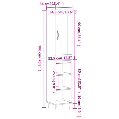 vidaXL Highboard grå sonoma 34,5x34x180 cm konstruert tre