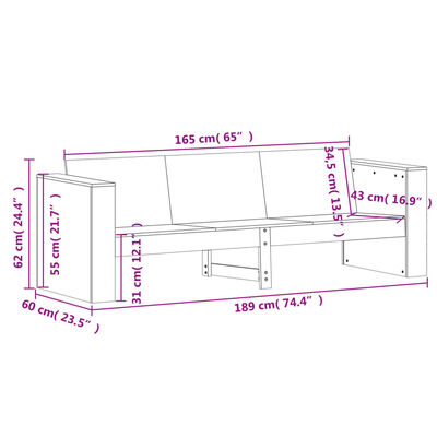 vidaXL Hagesofa 3-seters 189x60x62 cm heltre furu