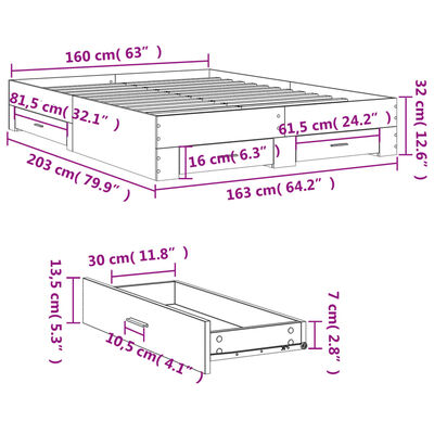 vidaXL Sengeramme med skuffer brun eik 160x200 cm konstruert tre