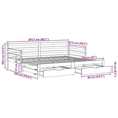 vidaXL Uttrekkbar dagseng med skuffer uten madrass hvit 90x200 cm