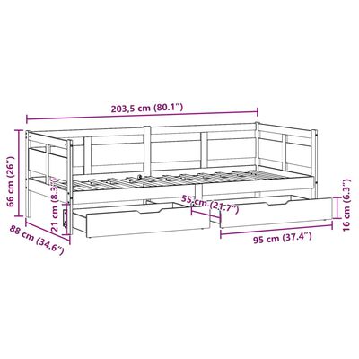 vidaXL Dagseng med skuffer 80x200 cm heltre furu