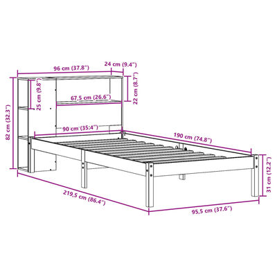 vidaXL Seng med bokhylle uten madrass 90x190 cm heltre furu