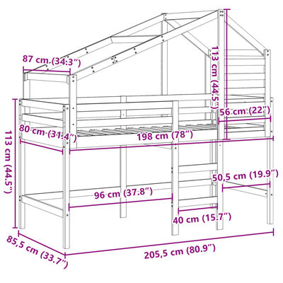 vidaXL Køyeseng med stige og tak 80x200 cm heltre furu