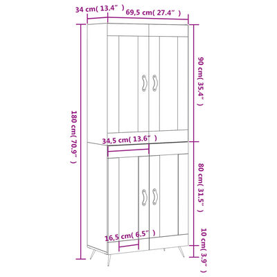 vidaXL Highboard betonggrå 69,5x34x180 cm konstruert tre