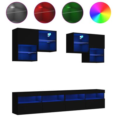 vidaXL Vegghengte TV-benker med LED 6 stk svart