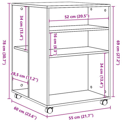 vidaXL Sidebord med hjul betonggrå 55x60x78 cm konstruert tre