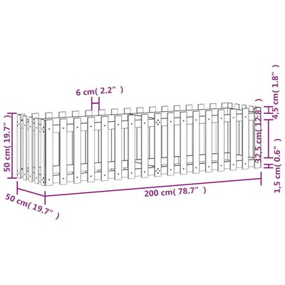 vidaXL Plantekasse med gjerdedesign hvit 200x50x50 cm heltre furu