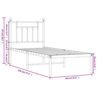 vidaXL Sengeramme i metall uten madrass med hodegavl hvit 75x190 cm