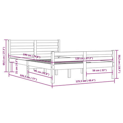 vidaXL Sengeramme honningbrun heltre 120x190 cm Small Double