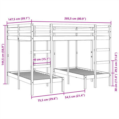 vidaXL Trippel ramme for køyeseng hvit 140x200/70x140 cm heltre furu