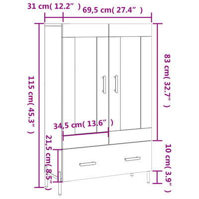 vidaXL Highboard brun eik 69,5x31x115 cm konstruert tre