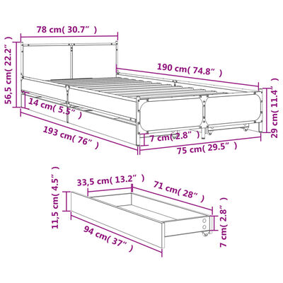 vidaXL Sengeramme med skuffer sonoma eik 75x190 cm konstruert tre