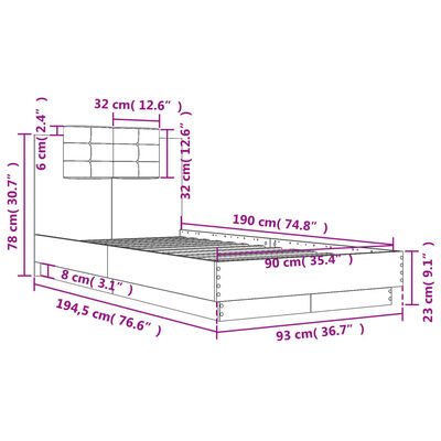 vidaXL Sengeramme med hodegavl røkt eik 90x190 cm konstruert tre