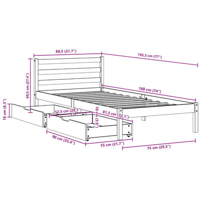 vidaXL Sengeramme uten madrass hvit 75x190 cm heltre furu