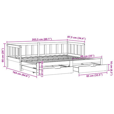 vidaXL Uttrekkbar dagseng med skuffer hvit 80x200 cm heltre furu