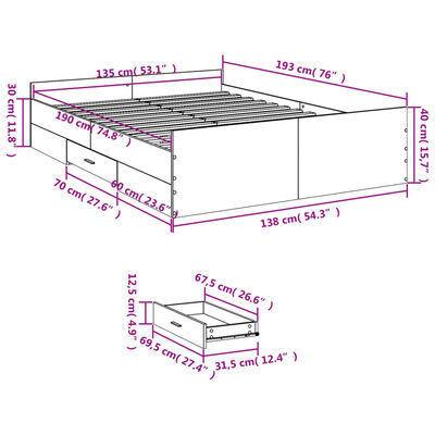 vidaXL Sengeramme med skuffer hvit 135x190 cm konstruert tre