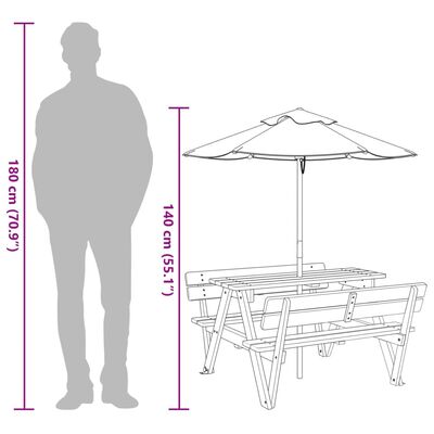 vidaXL Piknikbord for 4 barn med parasoll heltre gran