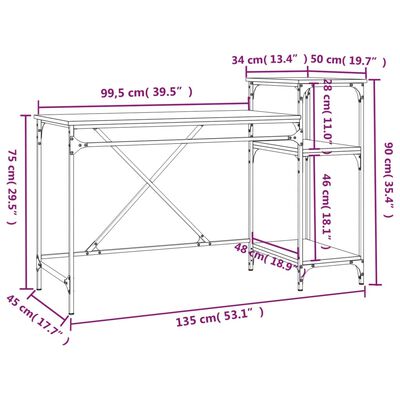 vidaXL Skrivebord med hyller brun eik 135x50x90 cm konstruert tre jern