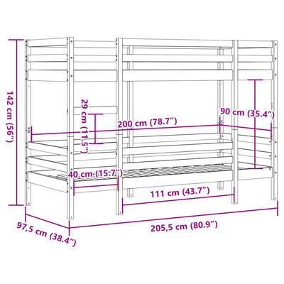 vidaXL Køyeseng hvit 90x200 cm heltre furu