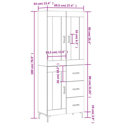 vidaXL Highboard høyglans hvit 69,5x34x180 cm konstruert tre