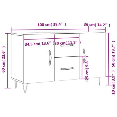 vidaXL Skjenk høyglans hvit 100x36x60 cm konstruert tre