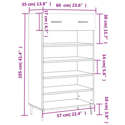 vidaXL Skoskap høyglans hvit 60x35x105 cm konstruert tre