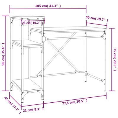 vidaXL Skrivebord med hyller sonoma 105x50x90 cm konstruert tre jern