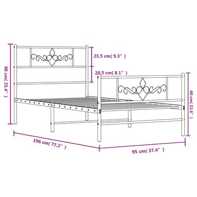 vidaXL Sengeramme i metall med hode- og fotgavl hvit 90x190 cm