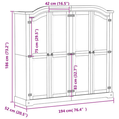 vidaXL Garderobe Corona hvit 194x52x186 cm heltre furu