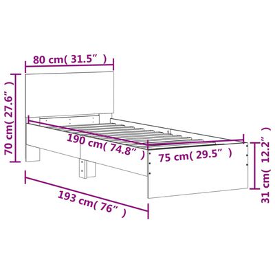 vidaXL Sengeramme med hodegavl og LED-lys brun eik 75x190 cm