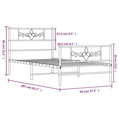 vidaXL Sengeramme i metall med hode- og fotgavl hvit 90x200 cm