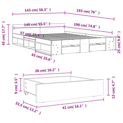 vidaXL Sengeramme med skuffer røkt eik 140x190 cm konstruert tre