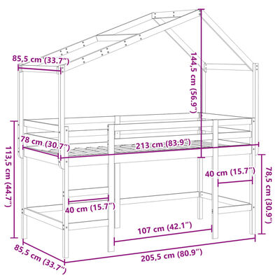 vidaXL Køyeseng med stige og tak hvit 80x200 cm heltre furu