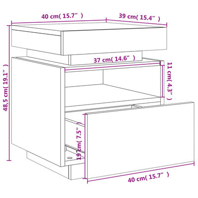 vidaXL Nattbord med LED røkt eik 40x39x48,5 cm