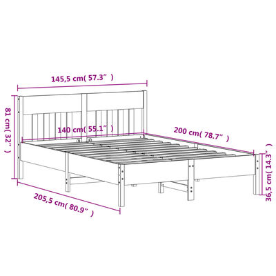 vidaXL Sengeramme uten madrass voksbrun 140x200 cm heltre furu