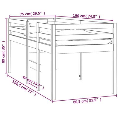 vidaXL Høyseng 75x190 cm heltre furu