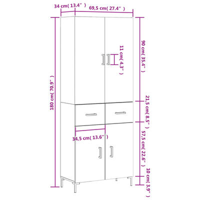 vidaXL Highboard betonggrå 69,5x34x180 cm konstruert tre