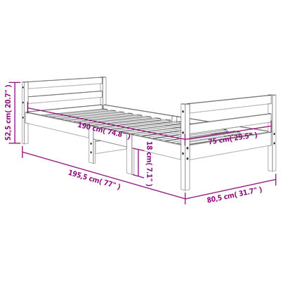 vidaXL Sengeramme uten madrass voksbrun 75x190 cm heltre furu