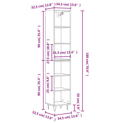 vidaXL Highboard hvit 34,5x32,5x180 cm konstruert tre