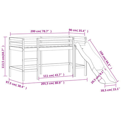 vidaXL Køyeseng for barn tunnel hvit og svart 90x200 cm heltre furu