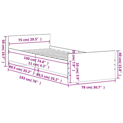 vidaXL Sengeramme uten madrass røkt eik 75x190 cm konstruert tre