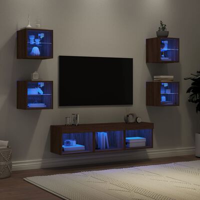 vidaXL Vegghengte TV-enheter med LED 7 deler brun eik konstruert tre