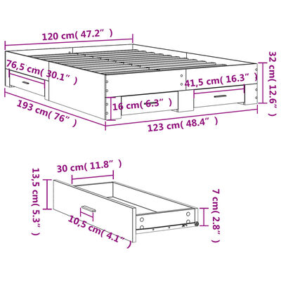 vidaXL Sengeramme med skuffer hvit 120x190 cm konstruert tre