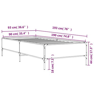 vidaXL Sengeramme grå sonoma 90x190 cm konstruert tre og metall