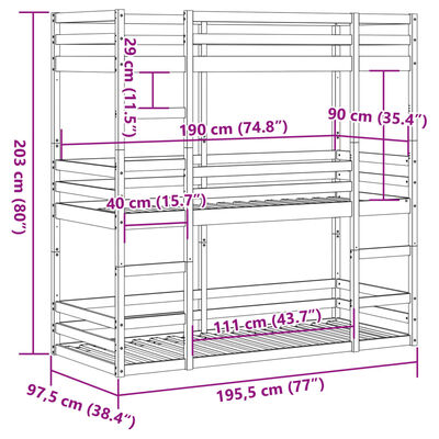 vidaXL Trippel køyeseng 90x190 cm heltre furu